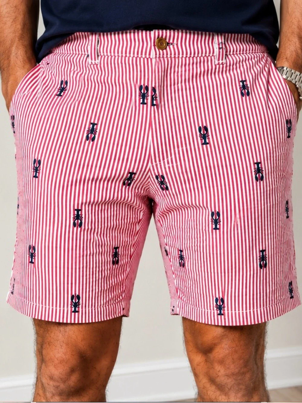 Club Room Lobster Seersucker Chino Shorts Red White Stretch Men’s 32W 7” Inseam